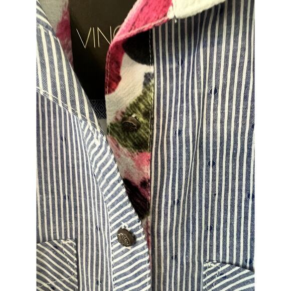 Vincente Tunic Top White Blue Sleeveless Floral Collar Hi Lo Hem Size Medium - Picture 6 of 16